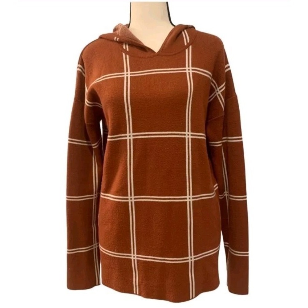 rachel roy Hooded Sweater XL Brown Plaid Knit